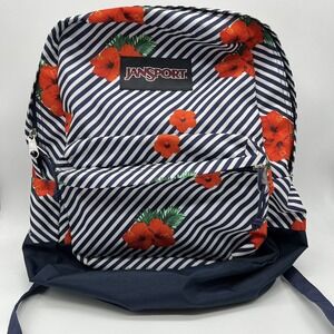 Jansport Backpack Tropical Flowers Bag Black White Stripes Navy Blue School